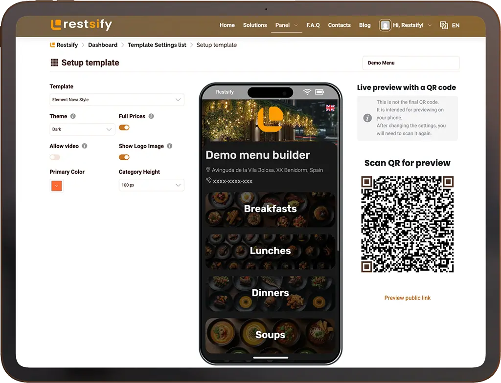 Element Nova online menu template