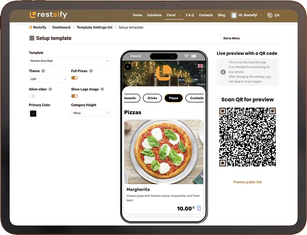 Element Nova online menu template