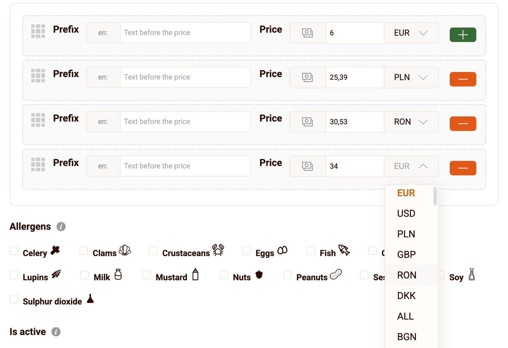 Mitu valuutat iga menüüüksuse kohta