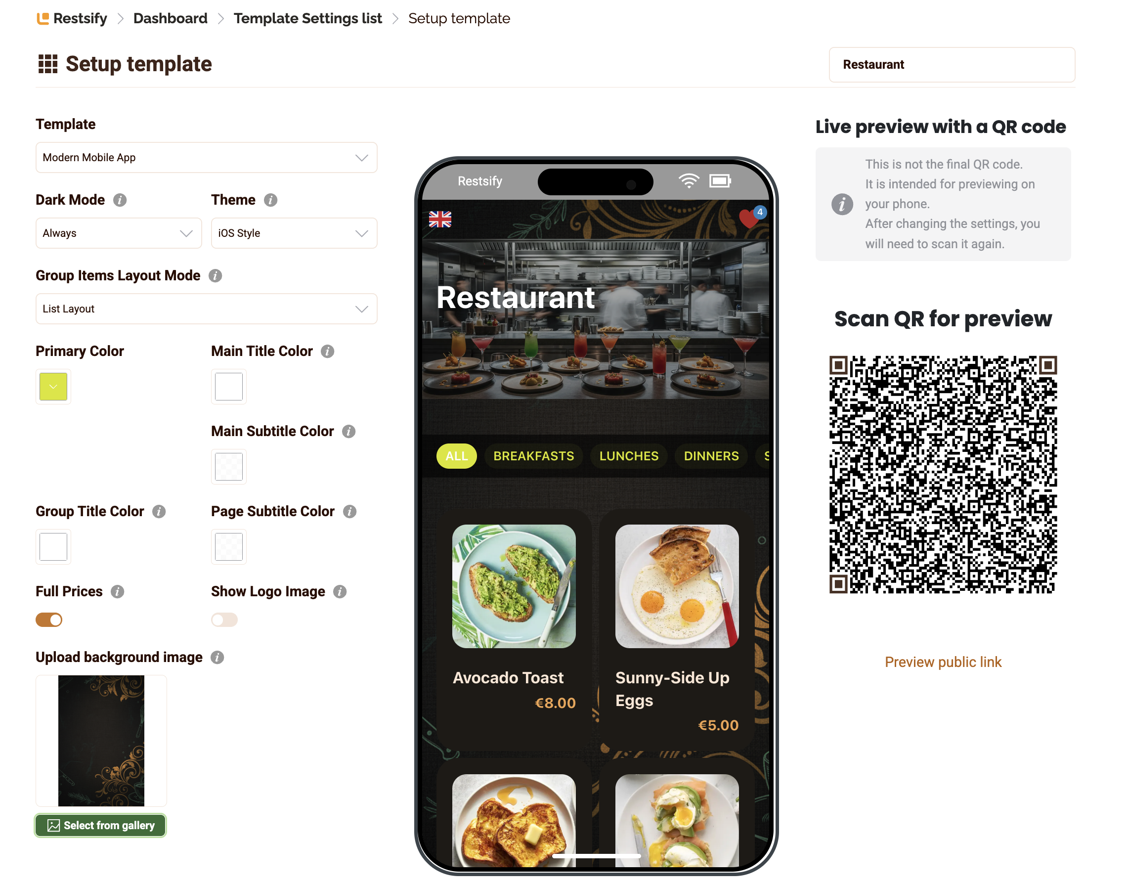 Restsify Menu Templates Settings